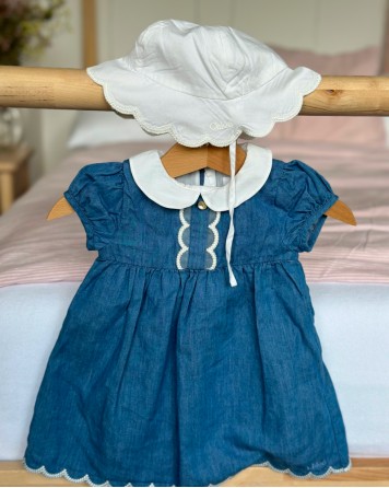 Šaty dětské CHloe modré + bílý klobouček